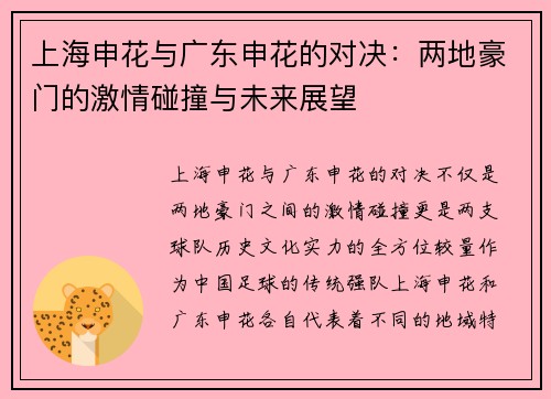 上海申花与广东申花的对决：两地豪门的激情碰撞与未来展望