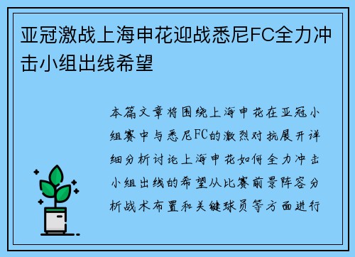 亚冠激战上海申花迎战悉尼FC全力冲击小组出线希望