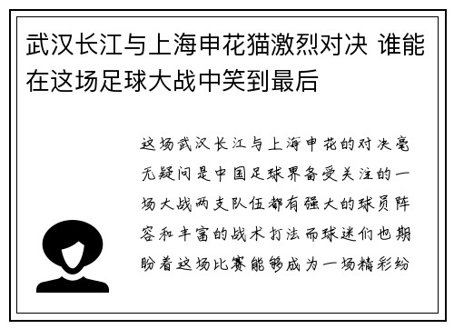 武汉长江与上海申花猫激烈对决 谁能在这场足球大战中笑到最后